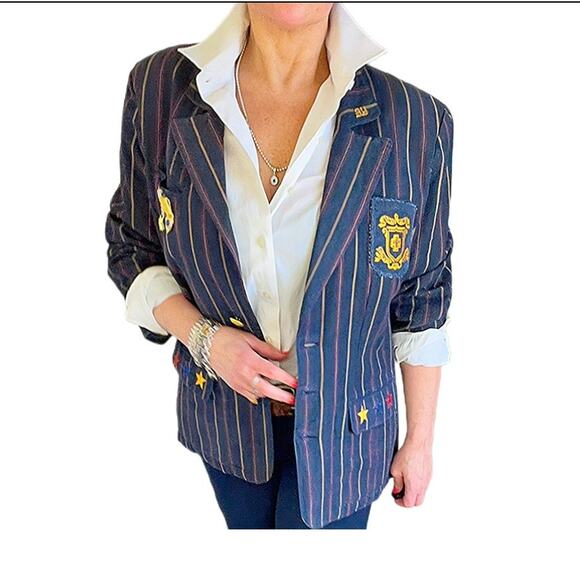 Women Vintage Custom Military Blazer  Reworked one of one Navy w-pinstripes gold - Picture 7 of 15
